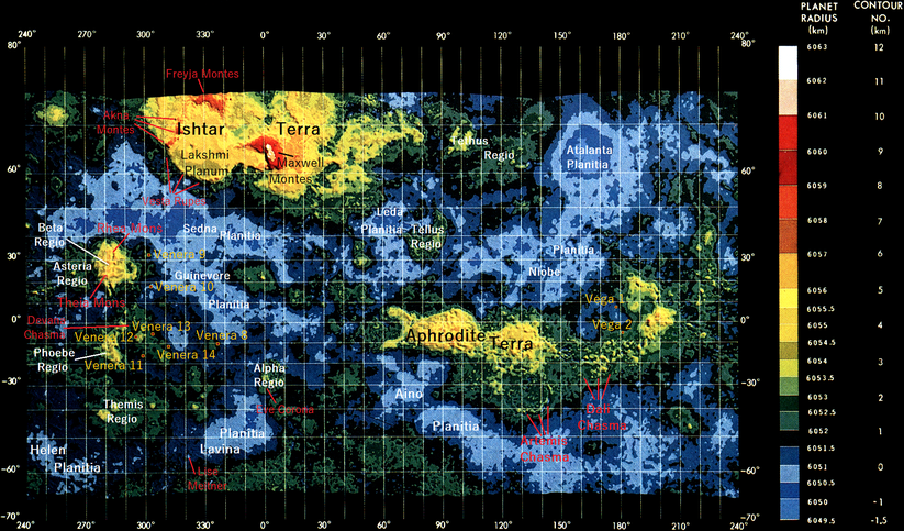 Auf der ersten Radarkarte der Venus, die von Pioneer-Venus 1 erstellt wurde, sind die Landeplätze der jeweiligen Venera- und Vegasonden eingezeichnet. Durch die Farblegende rechts, kann man die Höhenunterschiede erkennen. Die Venus hat zwei Kontinente.