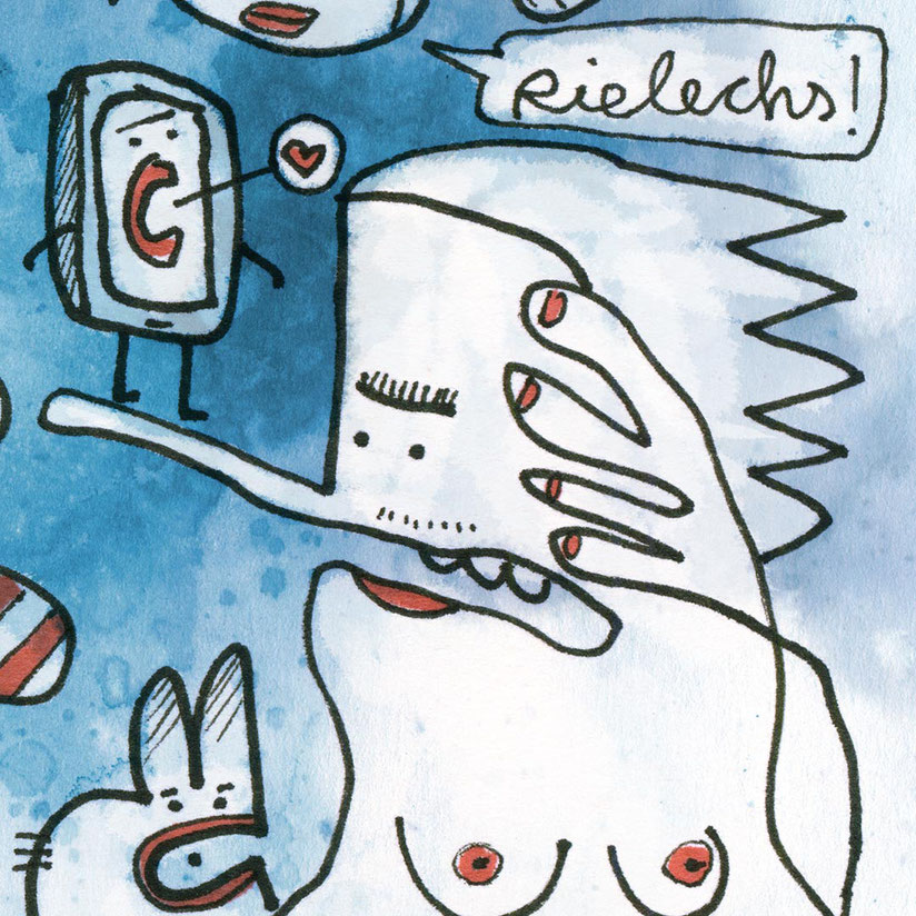 Illustration, Handy, nackte Frau, blau, rot, Zeichnung mit Aquarell von Frank Schulz Art