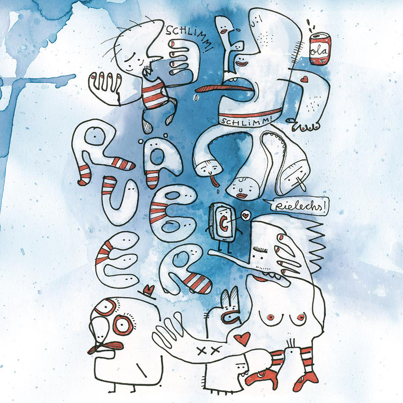 Illustration, Räuber, Schlimm, Cola, nackte Frau, blau, rot, Zeichnung mit Aquarell von Frank Schulz Art
