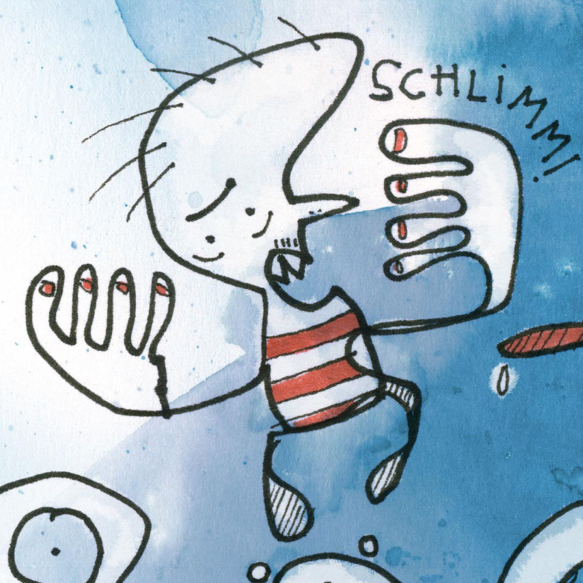 Illustration, kleiner Mann schreit schlimm, blau, rot, Zeichnung mit Aquarell von Frank Schulz Art