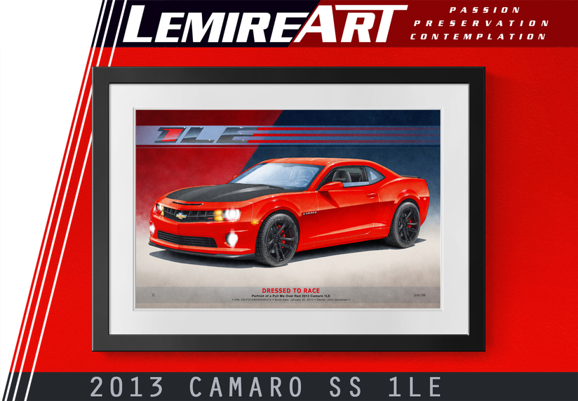 Drawn portrait of a Camaro 1LE 2013 in Victory Red