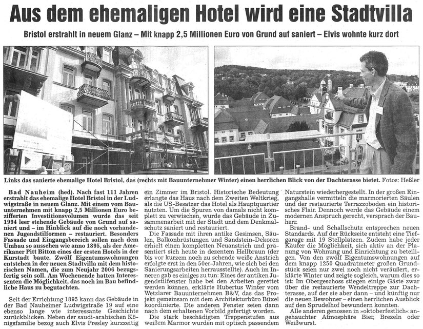 Bad Nauheim: "Elvis Presley bezog kurzzeitig ein Zimmer im Bristol.", WZ 24.10.2005, Text und Foto: David Heßler