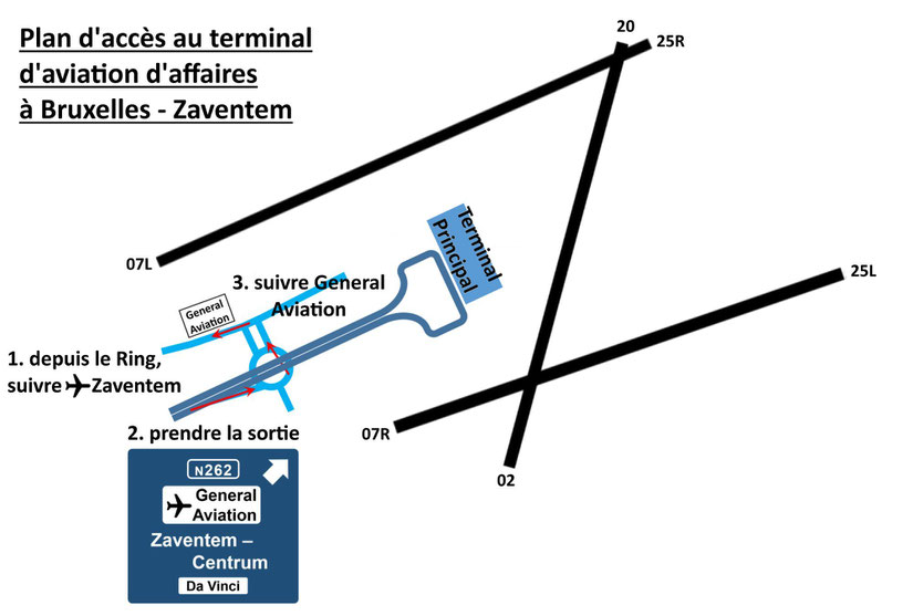 Plan d'accès au terminal d'aviation d'affaires à Bruxelles - Zaventem