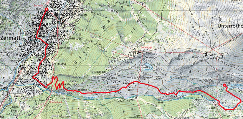 Wanderroute vom Grindjesee zurück nach Zermatt