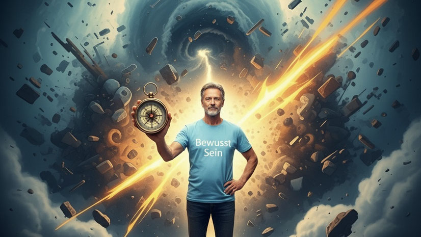 Deine Jungfrau-Energie als Kraftquelle - Jungfrau NaturCoach ein Mann sein 55j. dunkel blond graumeliert mit einem hellblauen TShirt mit der Aufschrift "Bewusst Sein"