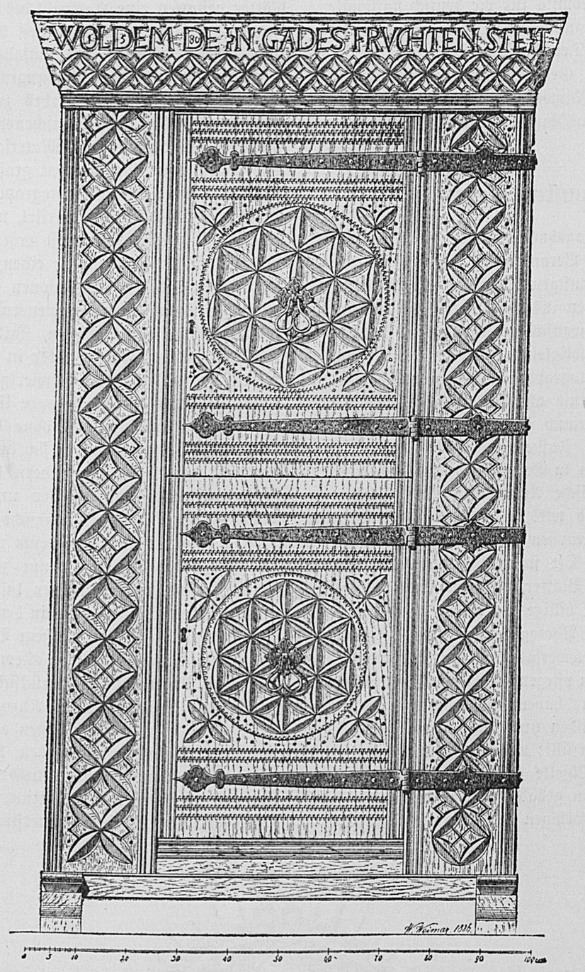 Schrank von 1580 (Kerbschnittarbeit). Im Besitz des hamburgischen Museums für Kunst und Gewerbe.