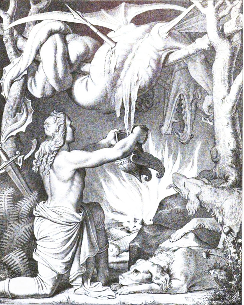 Siegfried sammelt das Drachenblut und geschmolzene Fett.