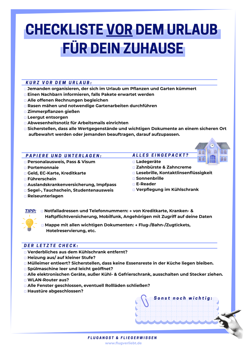 Checkliszte bevor man in den Urlaub fährt. Zu Huase nichts vergessen!