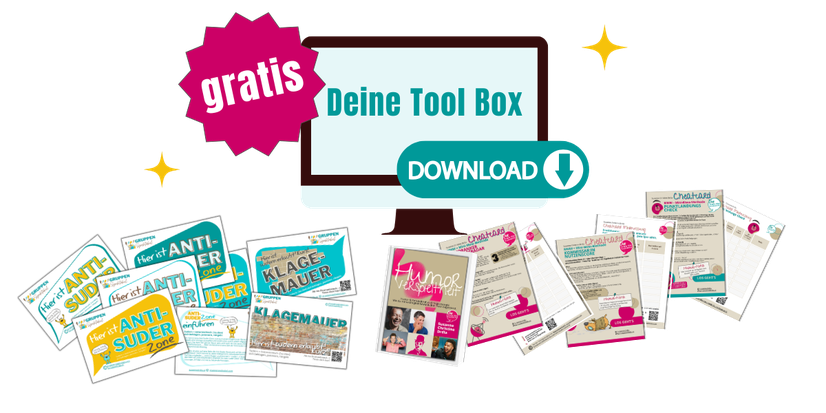 Infotainment Toolbox zum Downloaden mit Abbildungen aller beinhalteten Dokumente: Anti Suder Zone Plakate, Humor Workbook, Mini-Mess-Methoden