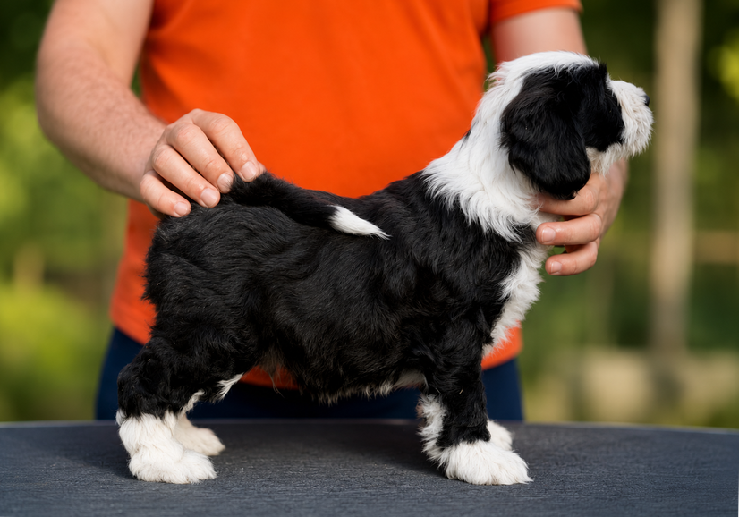 Tibet Terrier-Welpe Mo-Gyin Thog aus dem M-Wurf made of Dog's Wisdom im Alter von 9 Wochen.