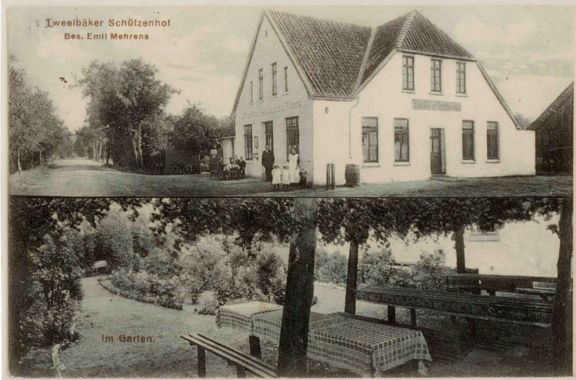 oben:  Emil Mehrens mit  Ehefrau Johanne (geb. Klusmann) und den Kindern Meta (später Röver), Henny und Emil vor dem "Tweelbäker Schützenhof" nach einem Umbau um 1915 