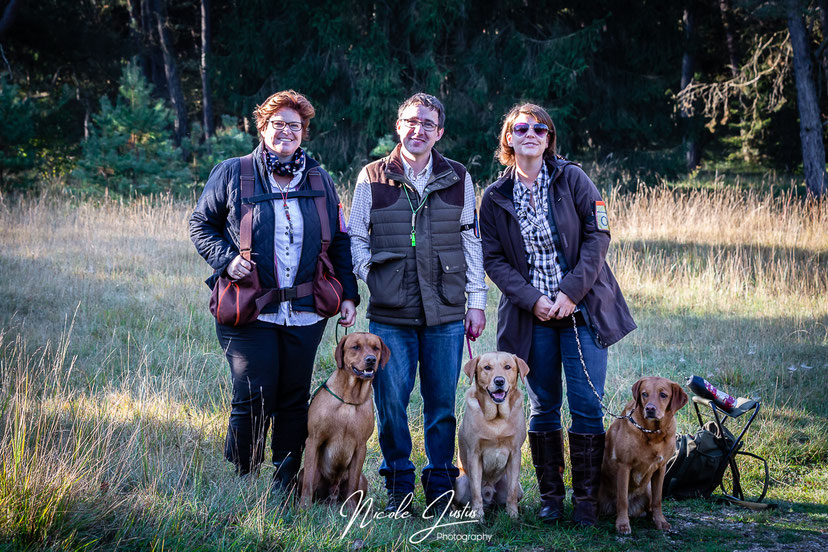 Team gelb: Anja mit Crannfieldlanes Askari, Stefan mit Huntingsource Alois und ich mit Huels' Hunters Hazel Leni