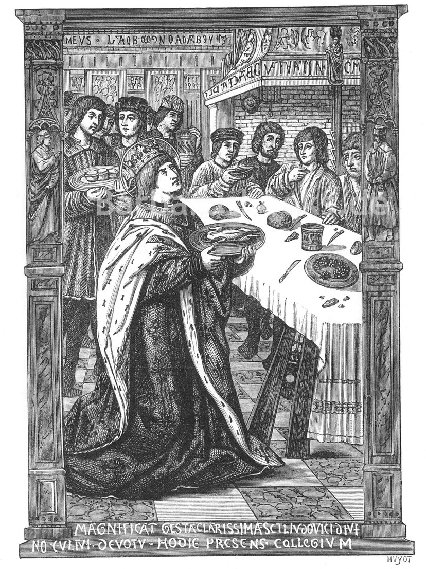 Abb. 271. – Der heilige Ludwig serviert den Armen ein Mahl. – Miniatur aus den „Petites Heures“ der Anna von Bretagne, die Katharina von Medici (Anfang des 16. Jahrhunderts) gehörten, in der Bibliothek von M. Ambroise Firmin-Didot.