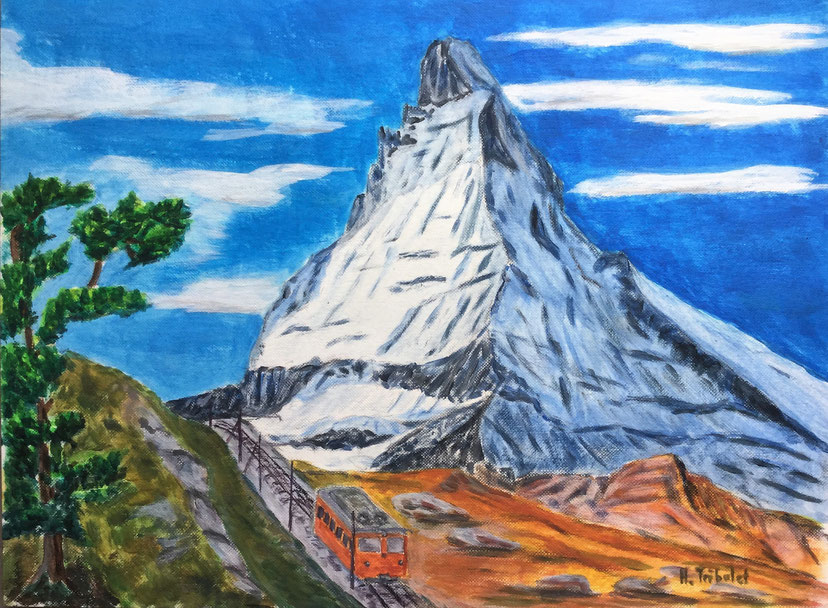 Foto:hanstribolet.jimdo.com, Matterhorn und Gornergratbahn Acrylbild, Bergmaler, swiss mountain painting, le cervin 