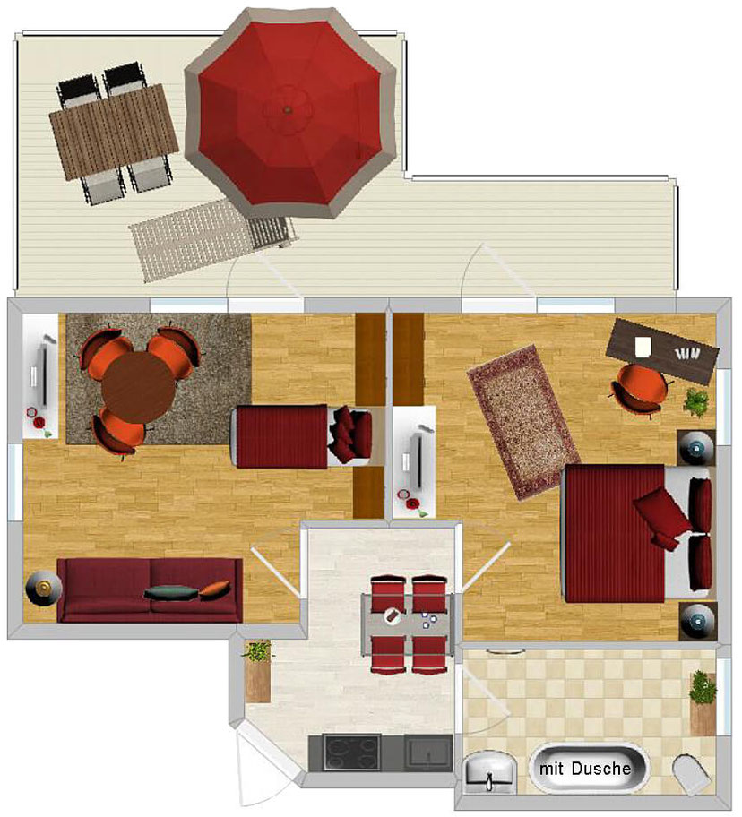 Raumplan und Grundriss der Ferienwohnung 6 im Gästehaus Claudia