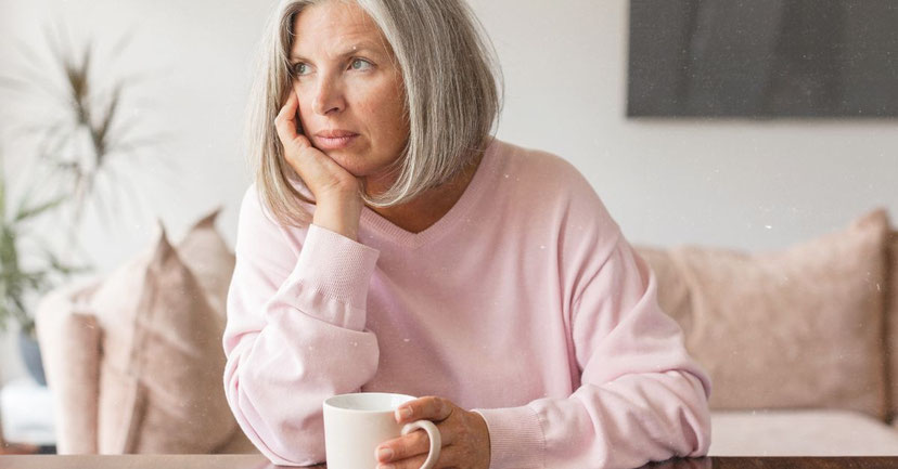 Frau in den Wechseljahren sitzt nachdenklich mit einer Tasse Kaffee und blickt in die Ferne