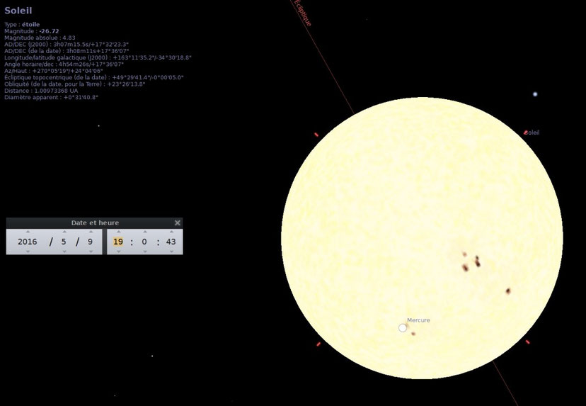 Copie d'écran de Stellarium - Le transit de Mercure à 19h00