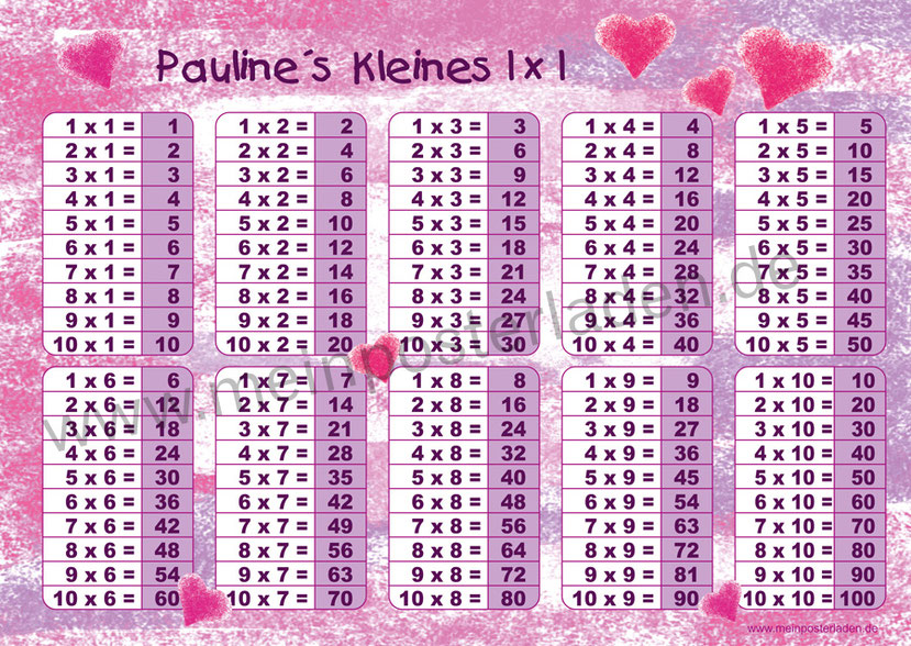 1 x 1 Lernposter für die Grundschule mit romantischen Pastell Herzchen in pink und rosa, optional laminiert