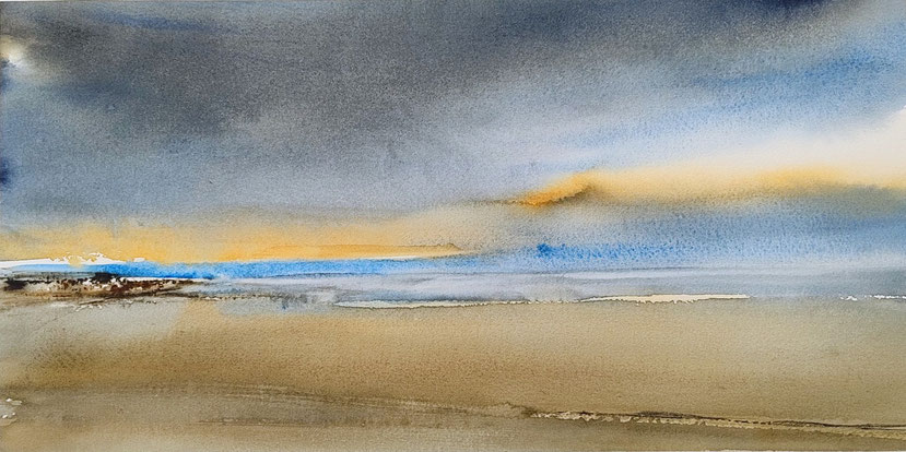 by Mamiko Nagatomo, "A moment on the beach at sunset", aquarelle on aquarelle paper and wood panel, 20 x 40 x 3cm