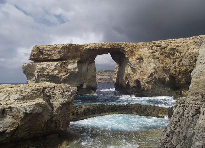 The Azure Window and Blue Hole in the foreground. Gozo, Malta