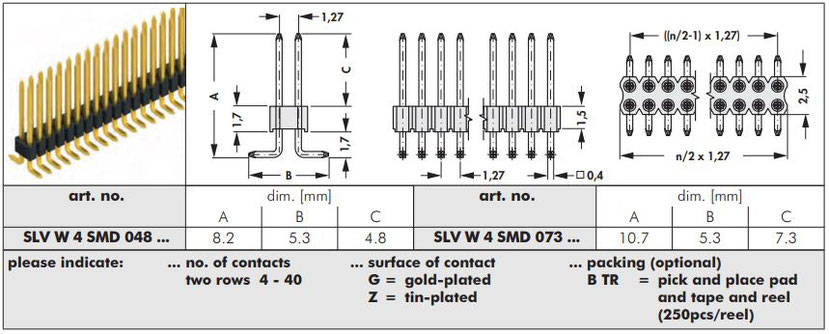 SLV W 4 SMD | 1.27mmピッチ | 表面実装用ピンヘッダ | 2列 | Fischer Elektronik