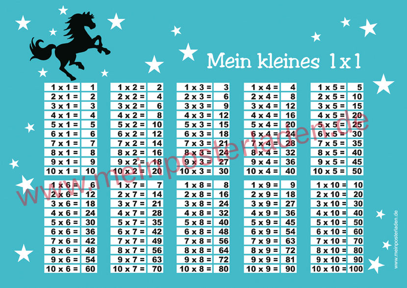 1 x 1 Lernposter für die Grundschule mit Wildpferd und Sternchen, optional laminiert