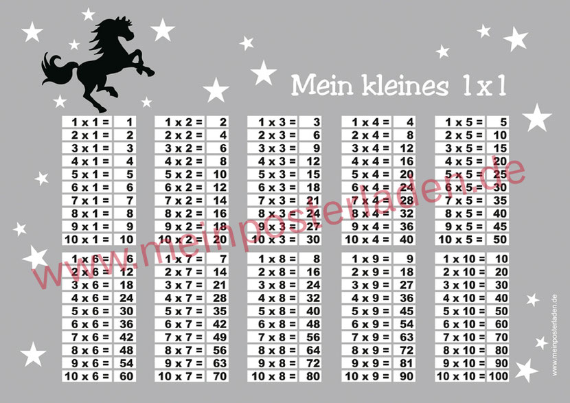 1 x 1 Lernposter für die Grundschule mit Wildpferd und Sternchen, optional laminiert