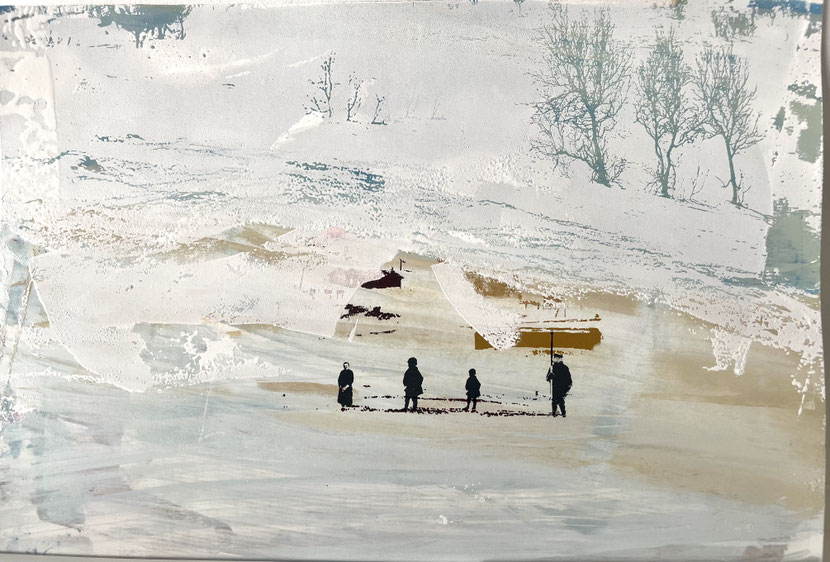 Artistic picture of children on a beach as blac silluettes, with trees in background and rough white paint brushstrokes over it.