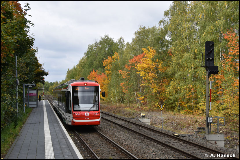 Wagen 439 der Chemnitzbahn kommt mit der Citybahn aus Burgstädt entgegen