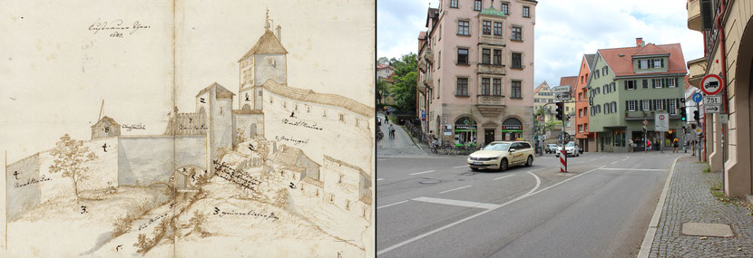 Zeichnung des Lustnauer Tores aus dem Jahr 1680 aus Richtung der heutigen Wilhelmstraße. Bild links: Hauptstaatsarchiv Stuttgart, Signatur A 249 Bü 2649 (K 1). Bild rechts: Johannes Thiede.