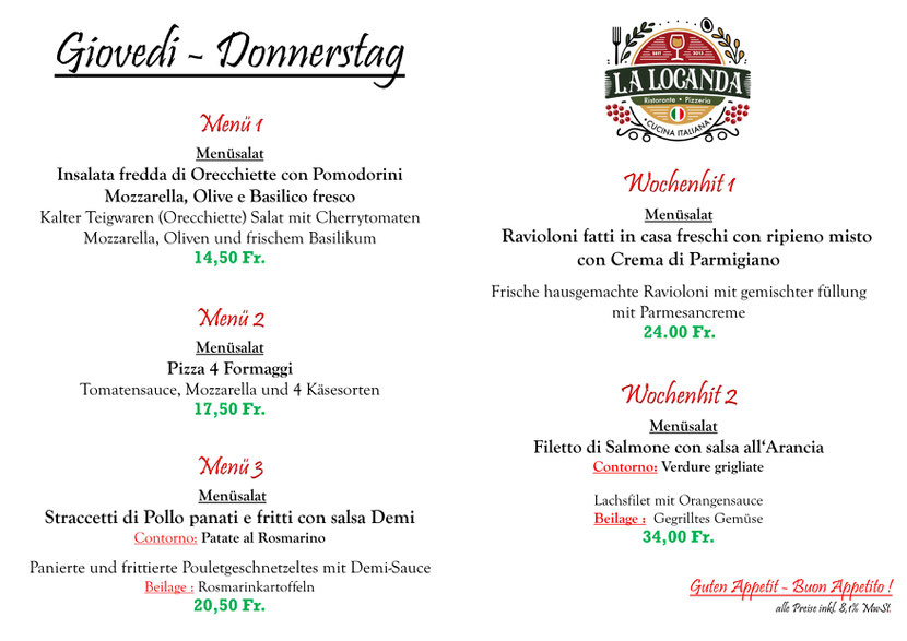 Unsere Mittagsmenü für Donnerstag den 19.06.2025