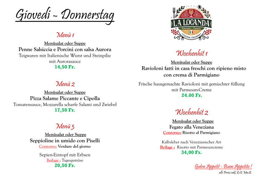 Unsere Mittagsmenü für Donnerstag den 06.11.2025