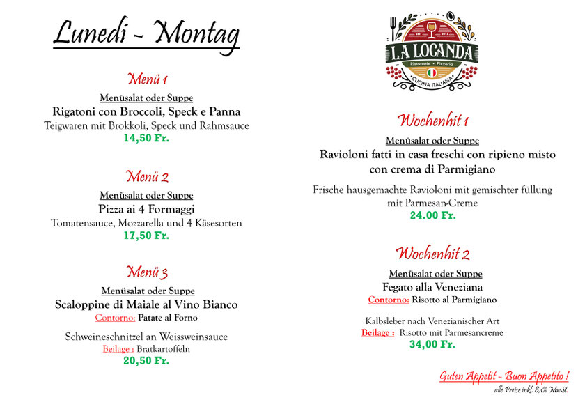 Unsere Mittagsmenü für Montag den 03.11.2025