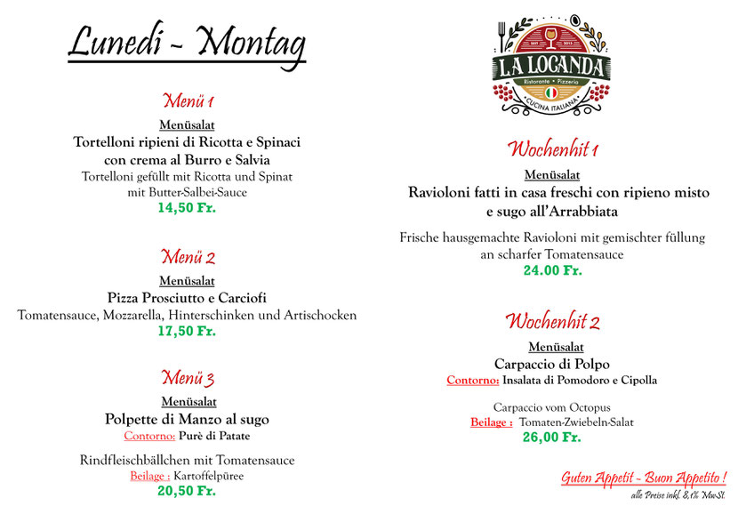 Unsere Mittagsmenü für Montag den 14.07.2025