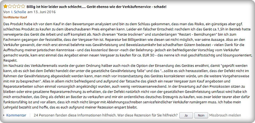 fuxtec Bewertung bei Amazon, Billig ist hier leider auch schlecht, kein Service, nicht empfehlenswert