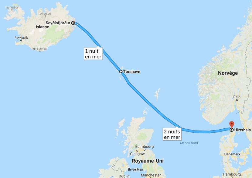 Carte du trajet retour de Seyðisfjörður à Hirtshals avec étape aux îles Féroé.