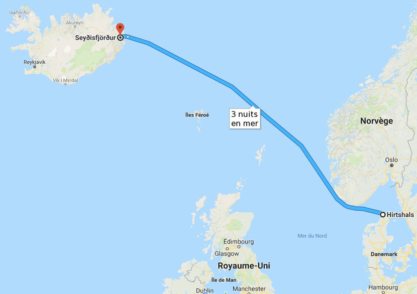 Carte du trajet aller de Hirtshals (Danemark) à Seyðisfjörður.