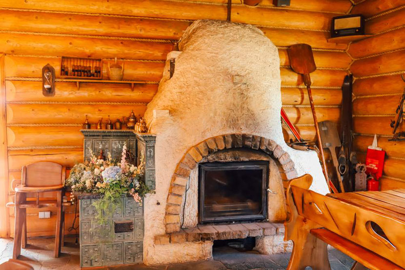 inside of a log cabin 