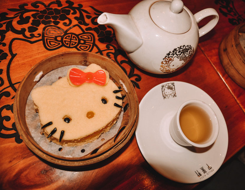 Hello Kitty-shaped sponge cake in the Hello Kitty Restaurant in Hong Kong