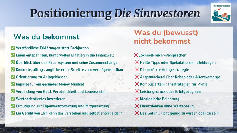 Positionierung Die Sinnvestoren: Entspannter, humorvoller Einstieg in die Finanzwelt
