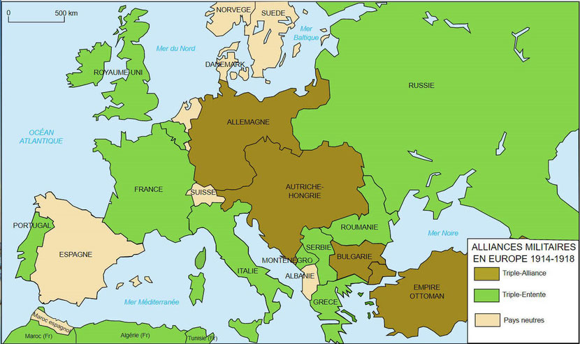 Les Alliés et les Empires centraux (Allemagne, Empire austro-hongrois et empire ottoman) lors de la première guerre mondiale. Prophétie de Daniel.