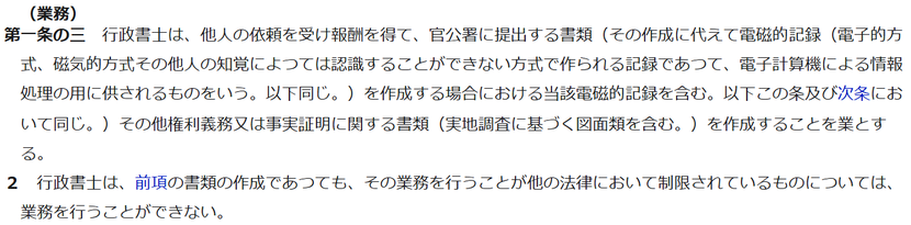 行政書士法第１条の３（同法第１９条で独占業務とされている業務）