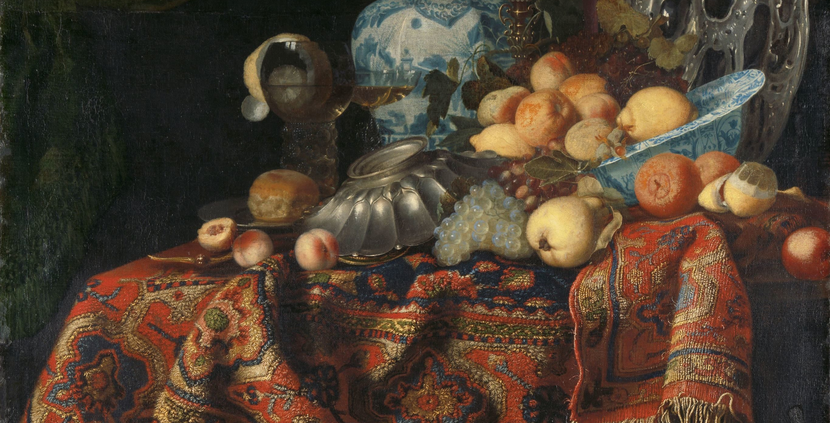 Still Life with Fruit, Plates and Dishes on a Turkey Carpet. Picture: Simon Luttichuys (attributed to), Francesco Fieravino (genaamd Il Maltese) (rejected attribution), 1650–1680.*