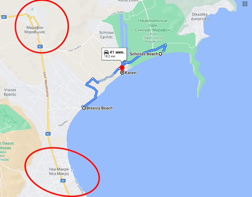 maps of beaches with blue flags near Athens
