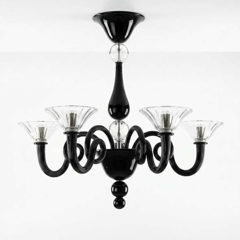 lampadario in vetro di Murano Hermes nero con dettagli cristallo