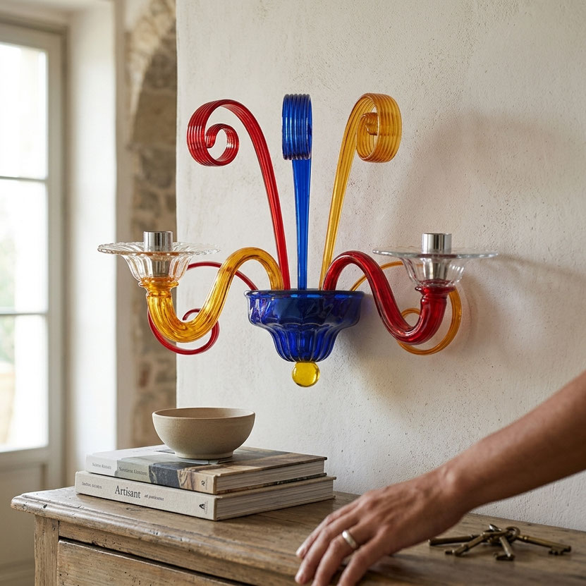 Applique Arlecchino in vetro di Murano lavorato a mano con tre luci multicolore per interno elegante