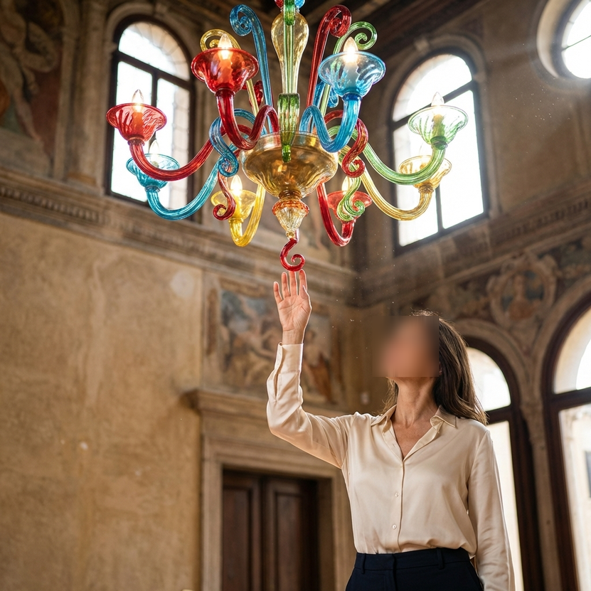 Lampadario Kaleido vetro di Murano lavorato a mano design multicolore per hotel e ambienti luxury