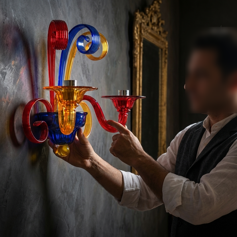 Applique Arlecchino in vetro di Murano lavorato a mano design contemporaneo per camera e corridoio