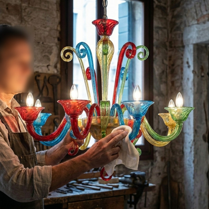 Lampadario moderno Kaleido in vetro di Murano lavorato a mano con finiture artistiche veneziane