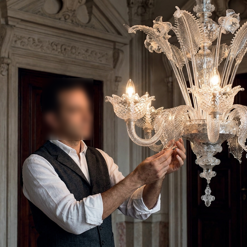 Lampadario Murano Liszt lavorato a mano con finitura cristallo per salone elegante classico